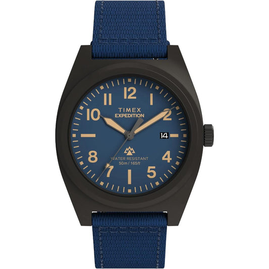 Timex watch with blue strap and navy dial on a white background