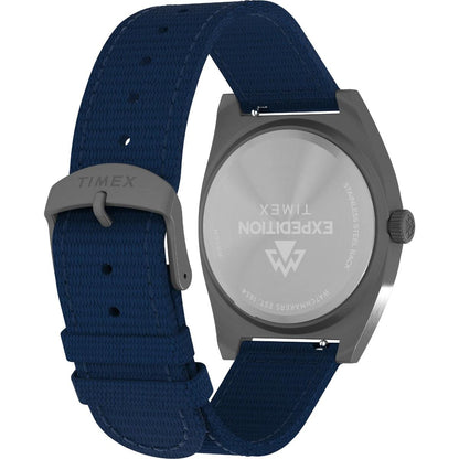 Timex watch with blue strap and gray case on a white background