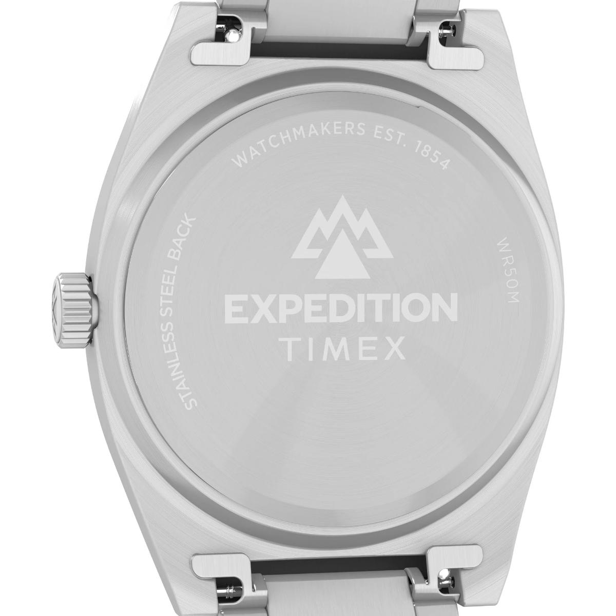 Timex Expedition watch back with branding on a white background