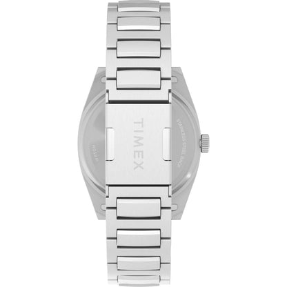 Silver Timex watch with a metal band on a white background