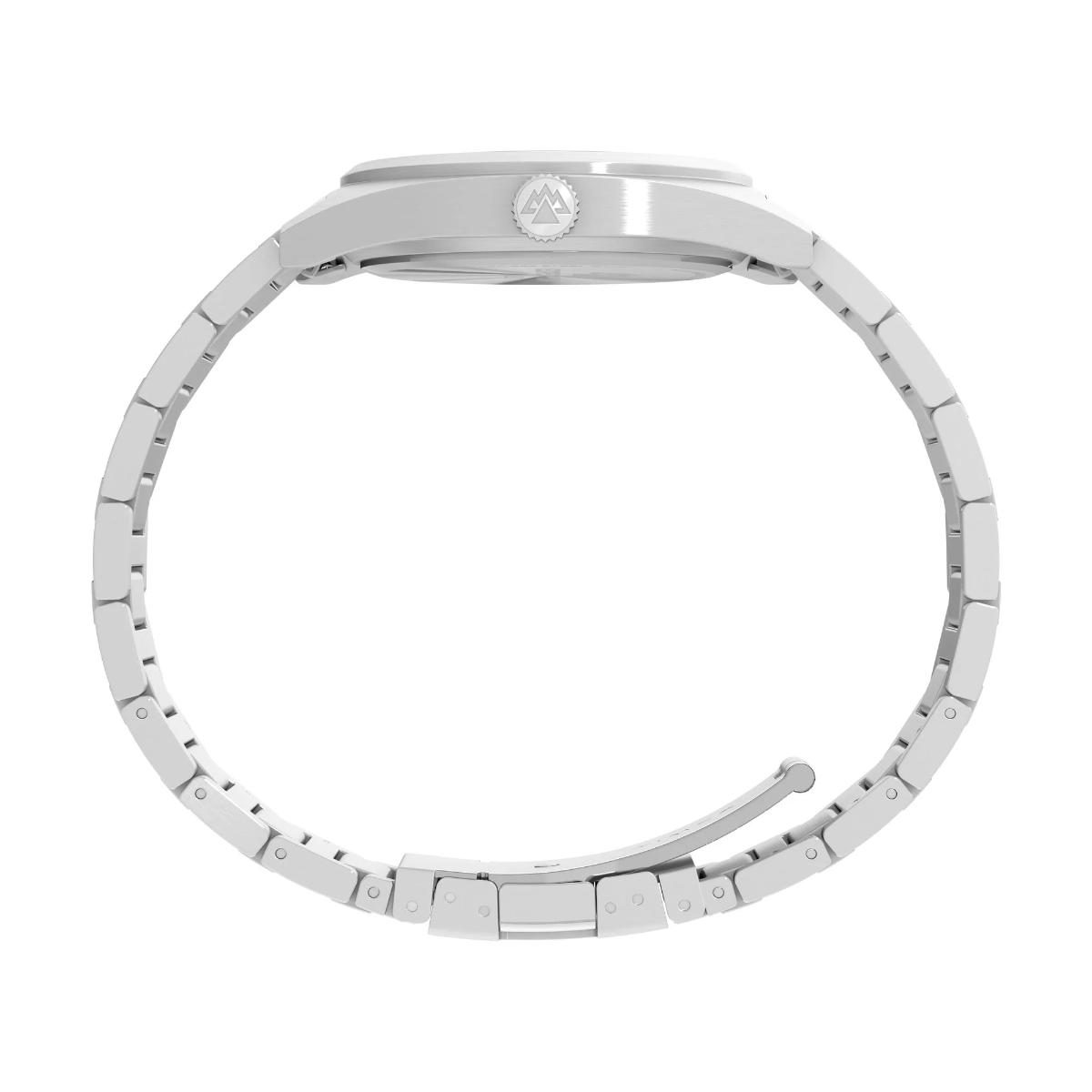 Silver watch band on a white background