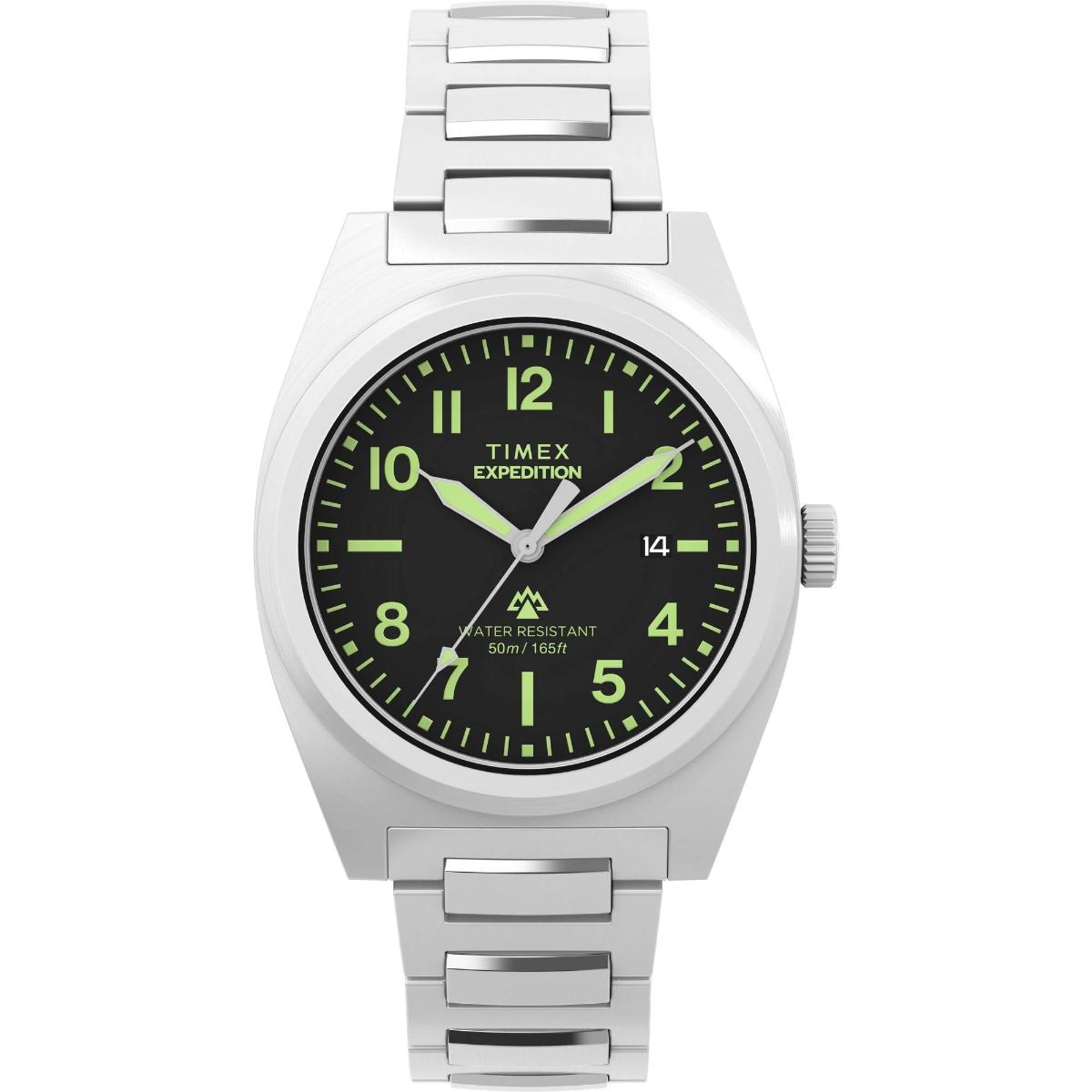 Timex Expedition watch with silver metal strap and black dial on a white background