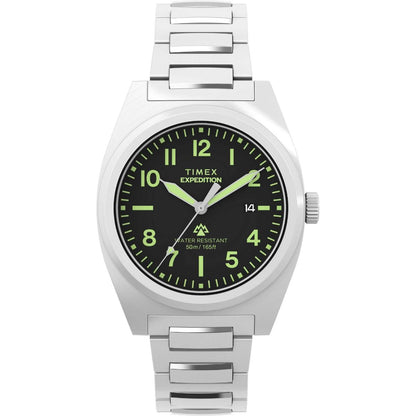 Timex Expedition watch with silver metal strap and black dial on a white background