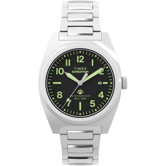 Timex Expedition watch with silver metal strap and black dial on a white background