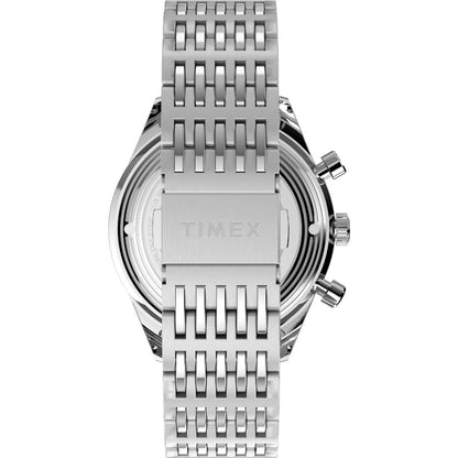 Silver Timex watch with a detailed metal band on a white background
