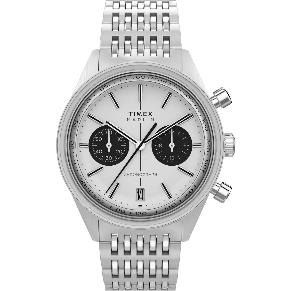 Silver Timex watch with a white face on a white background