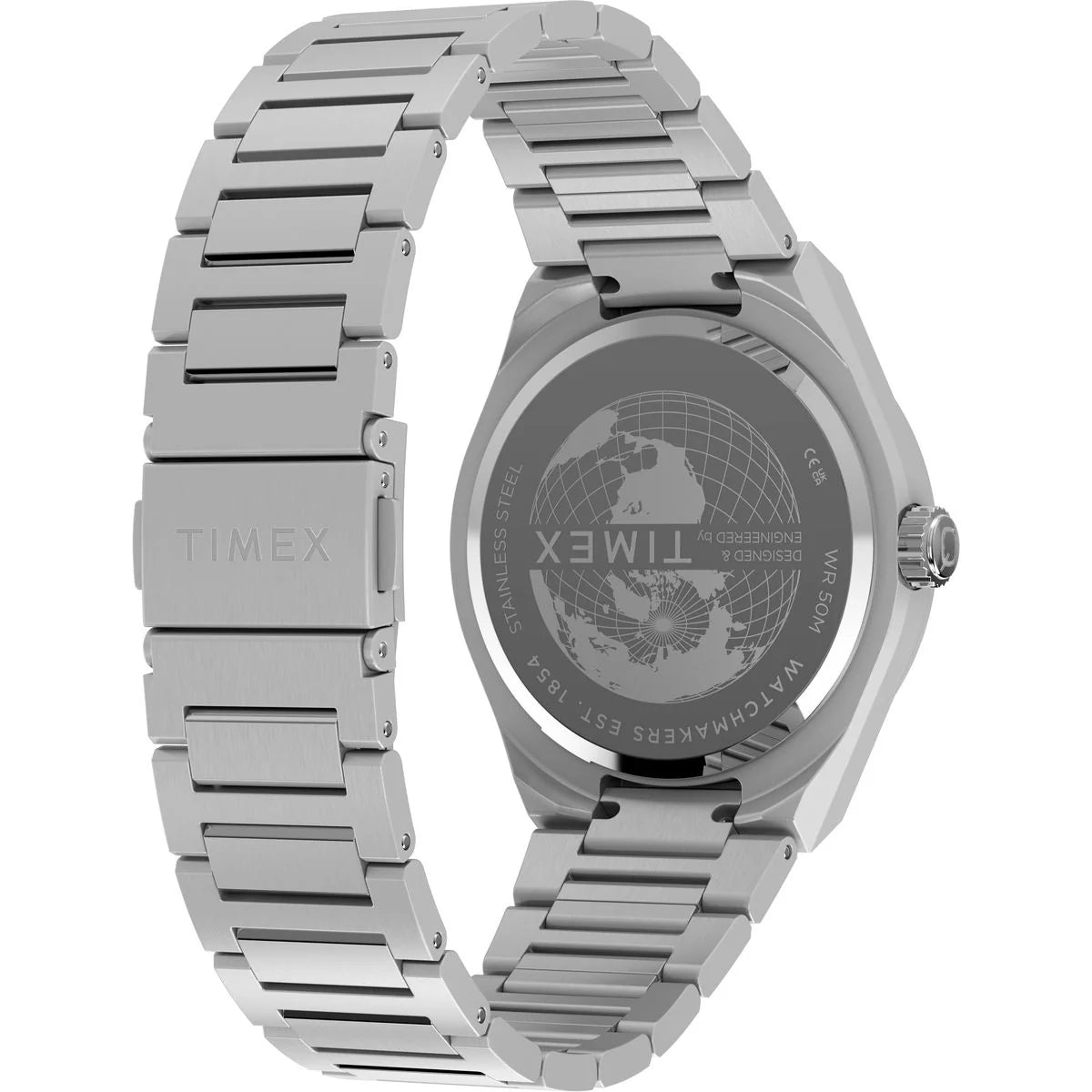 Silver Timex watch with metal band on a white background