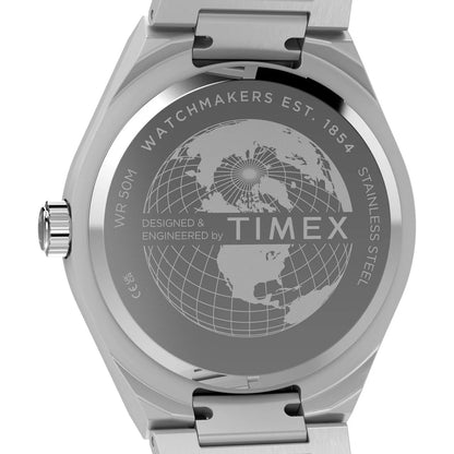 Silver Timex watch with world map engraving on a white background