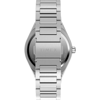 Silver Timex watch with a detailed metal band on a white background