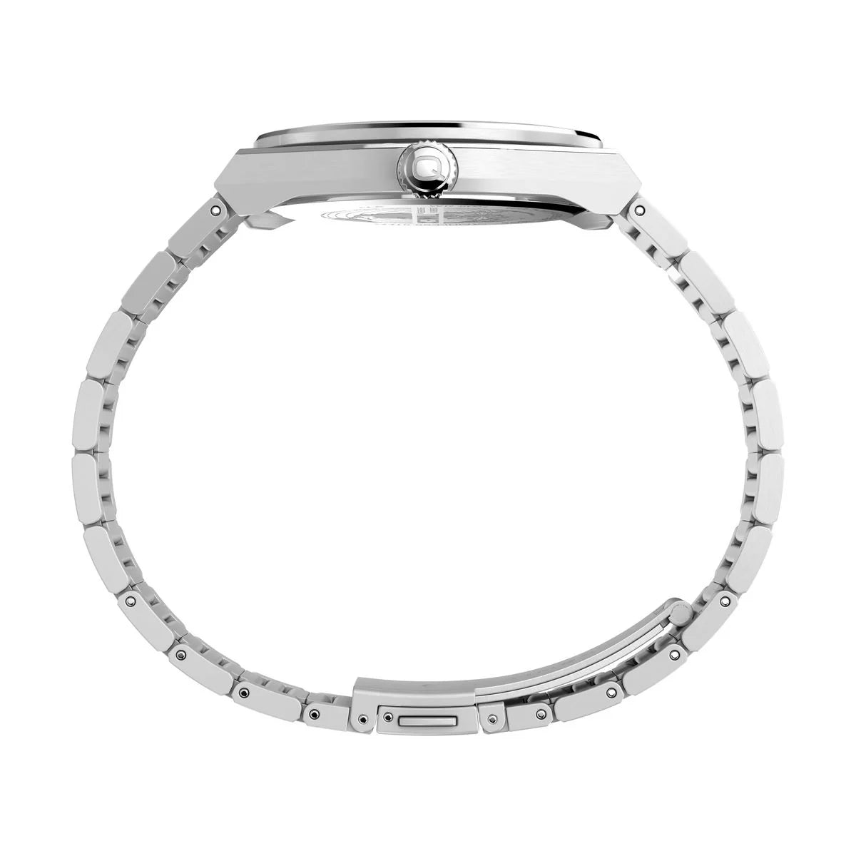 Silver watch band on a white background