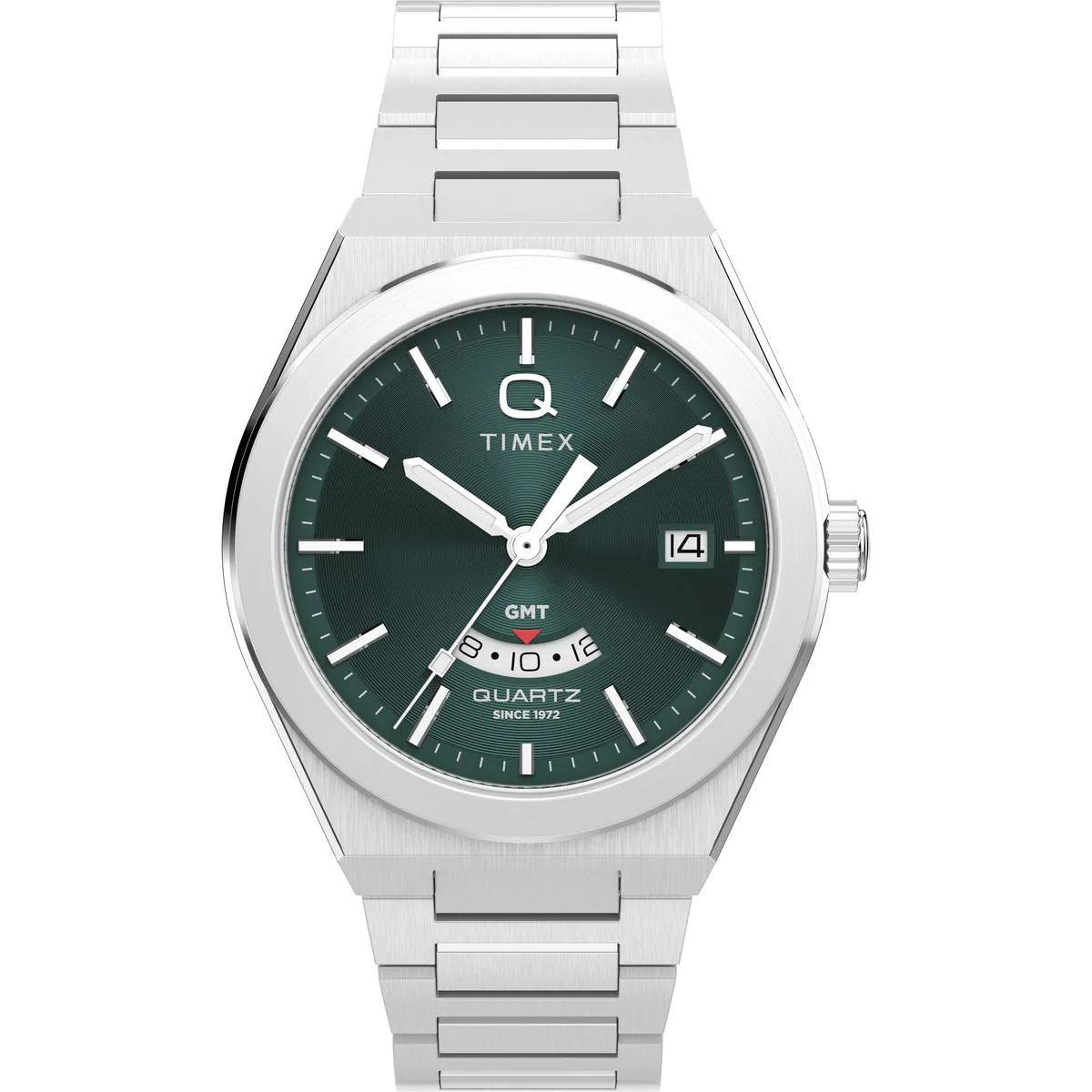 Timex watch with silver band and green dial on a white background
