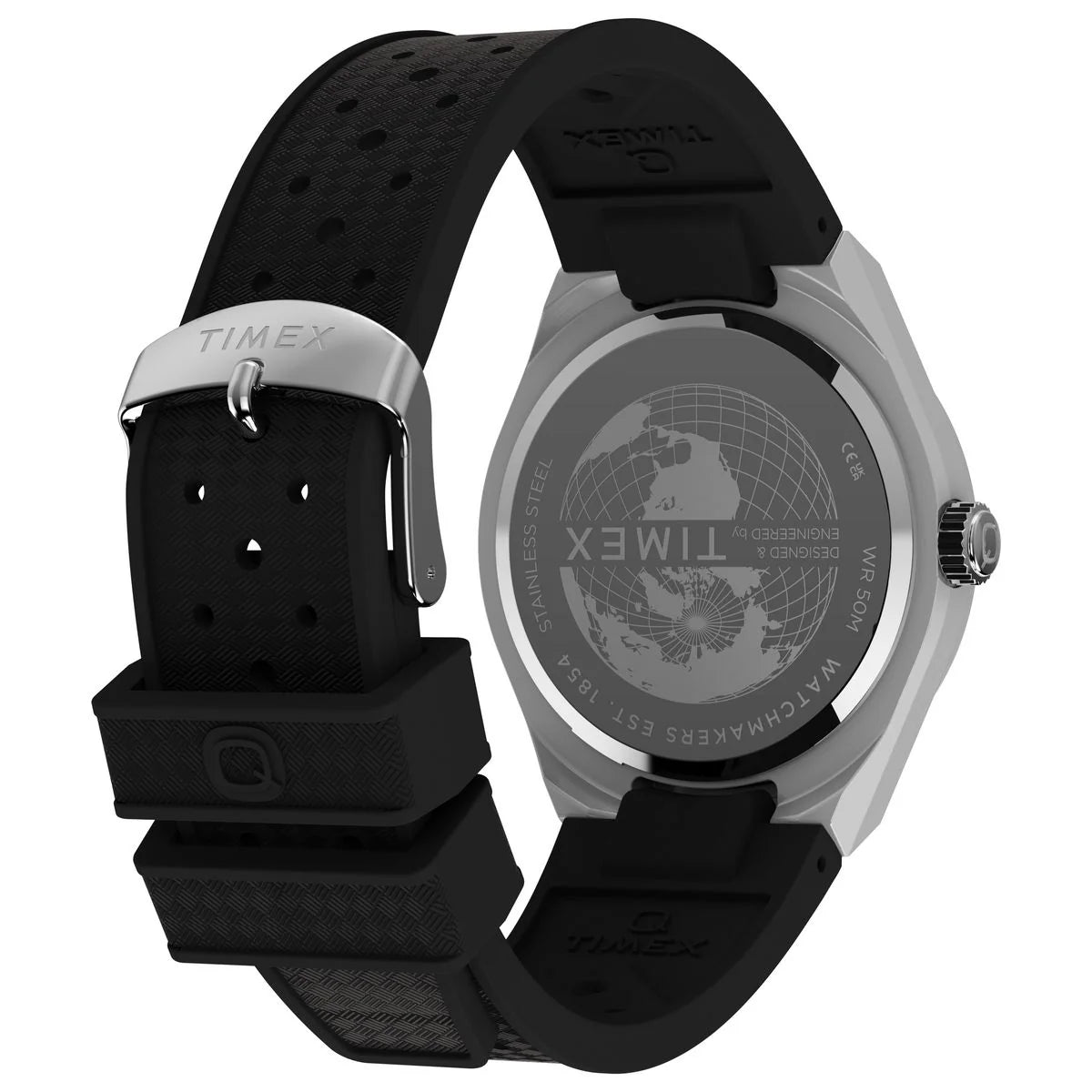 Timex watch with black band and silver case on a white background