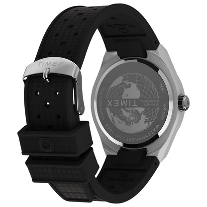 Timex watch with black band and silver case on a white background