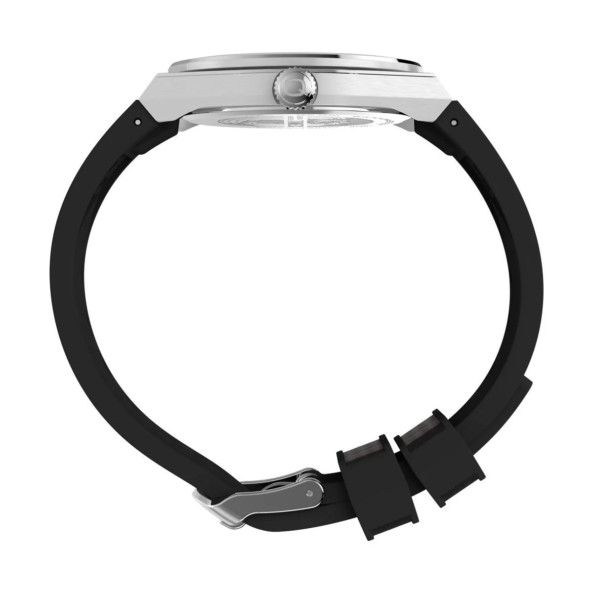 Black watch strap with silver clasp on a white background