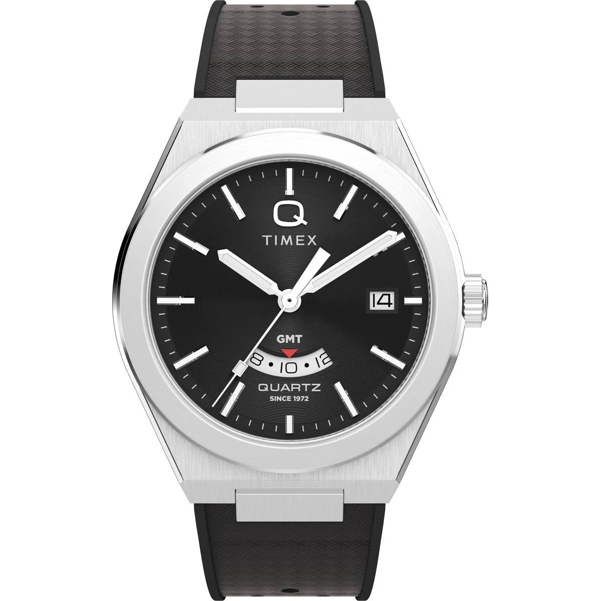 Timex watch with black face and strap on a white background