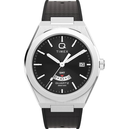 Timex watch with black face and strap on a white background