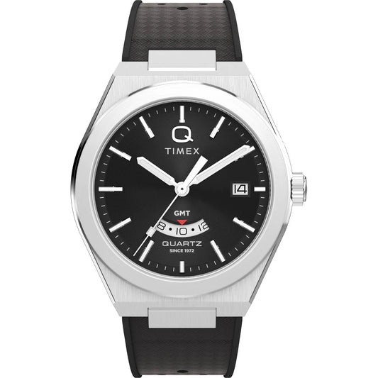 Timex watch with black face and strap on a white background