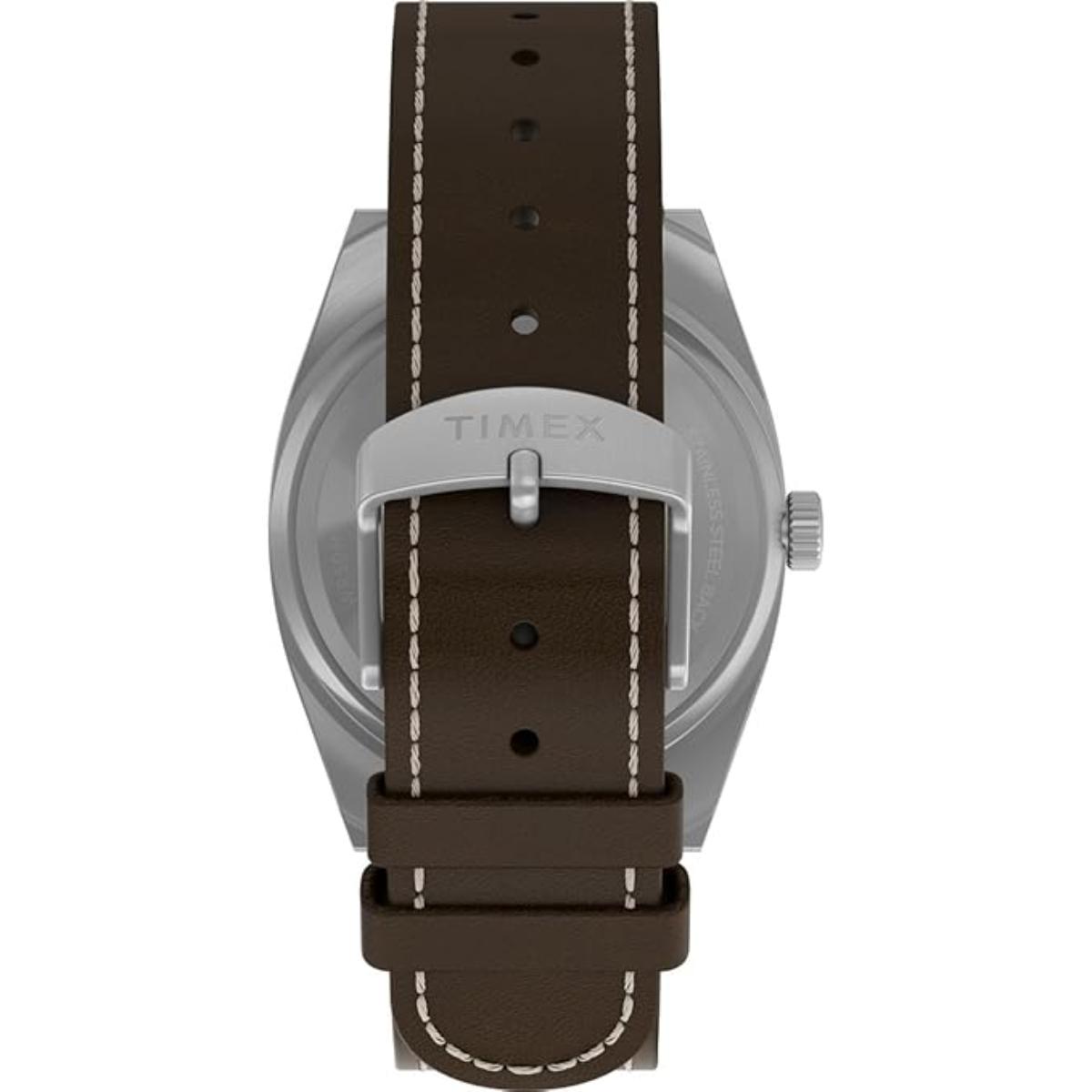 Timex watch with brown leather strap on a white background
