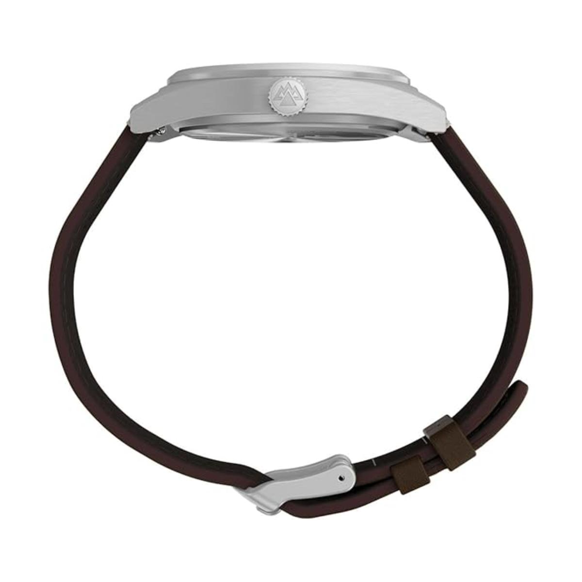 Watch with brown strap and silver case on a white background
