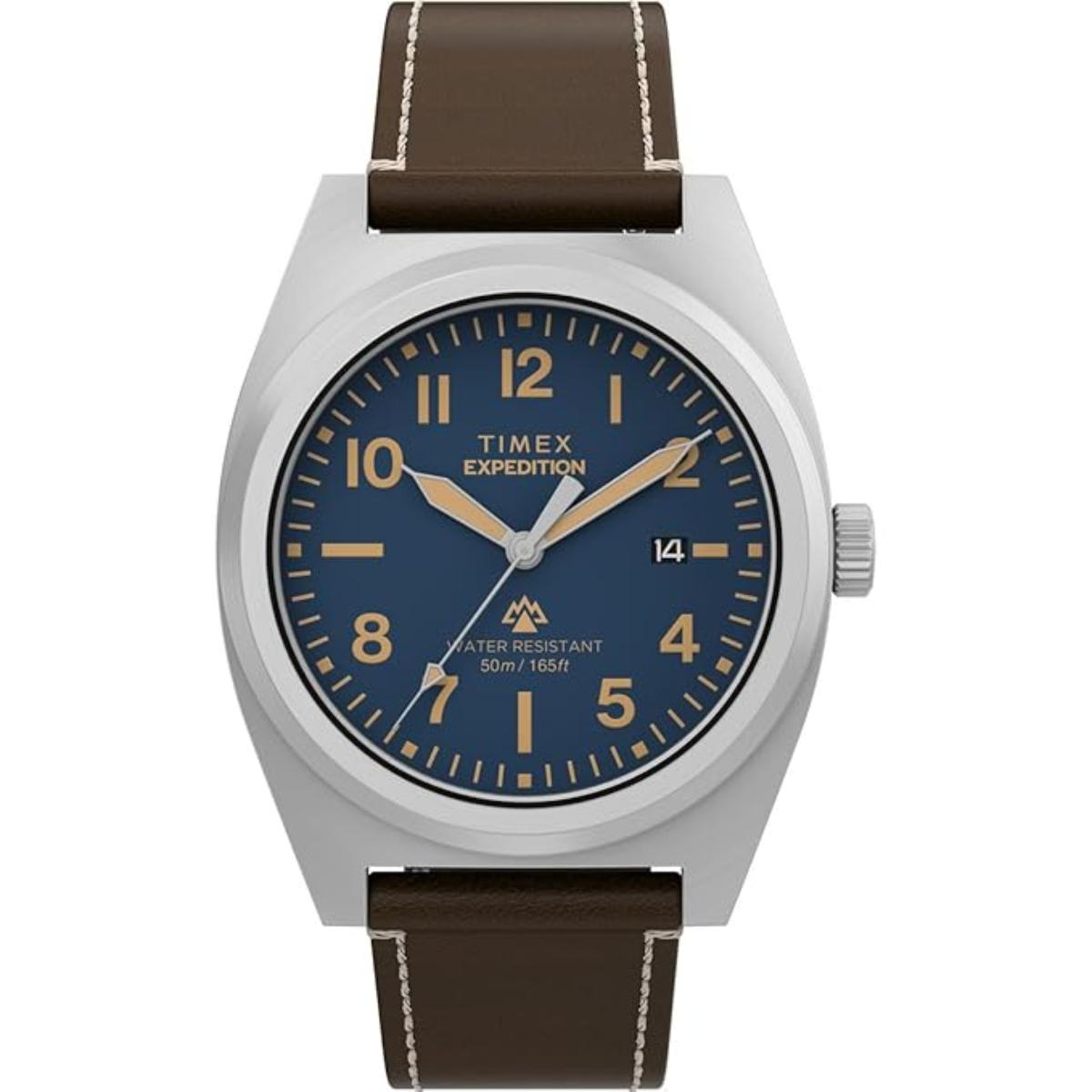 Timex Expedition watch with brown leather strap and blue dial on a white background