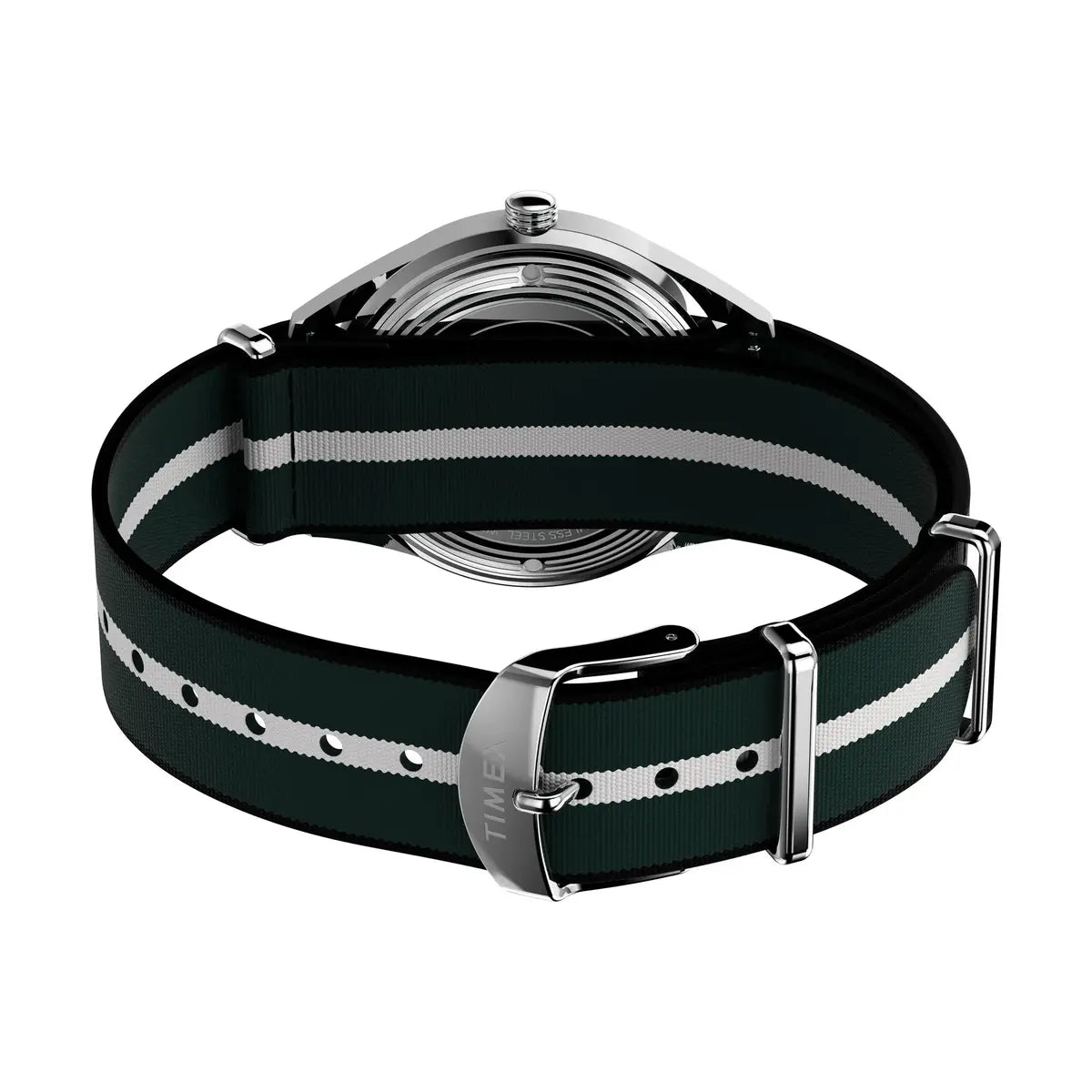 Watch with a green strap featuring white stripes on a white background