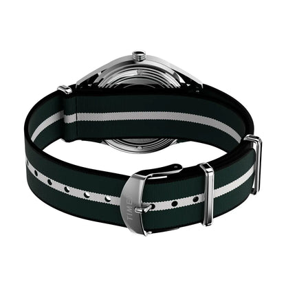 Watch with a green strap featuring white stripes on a white background