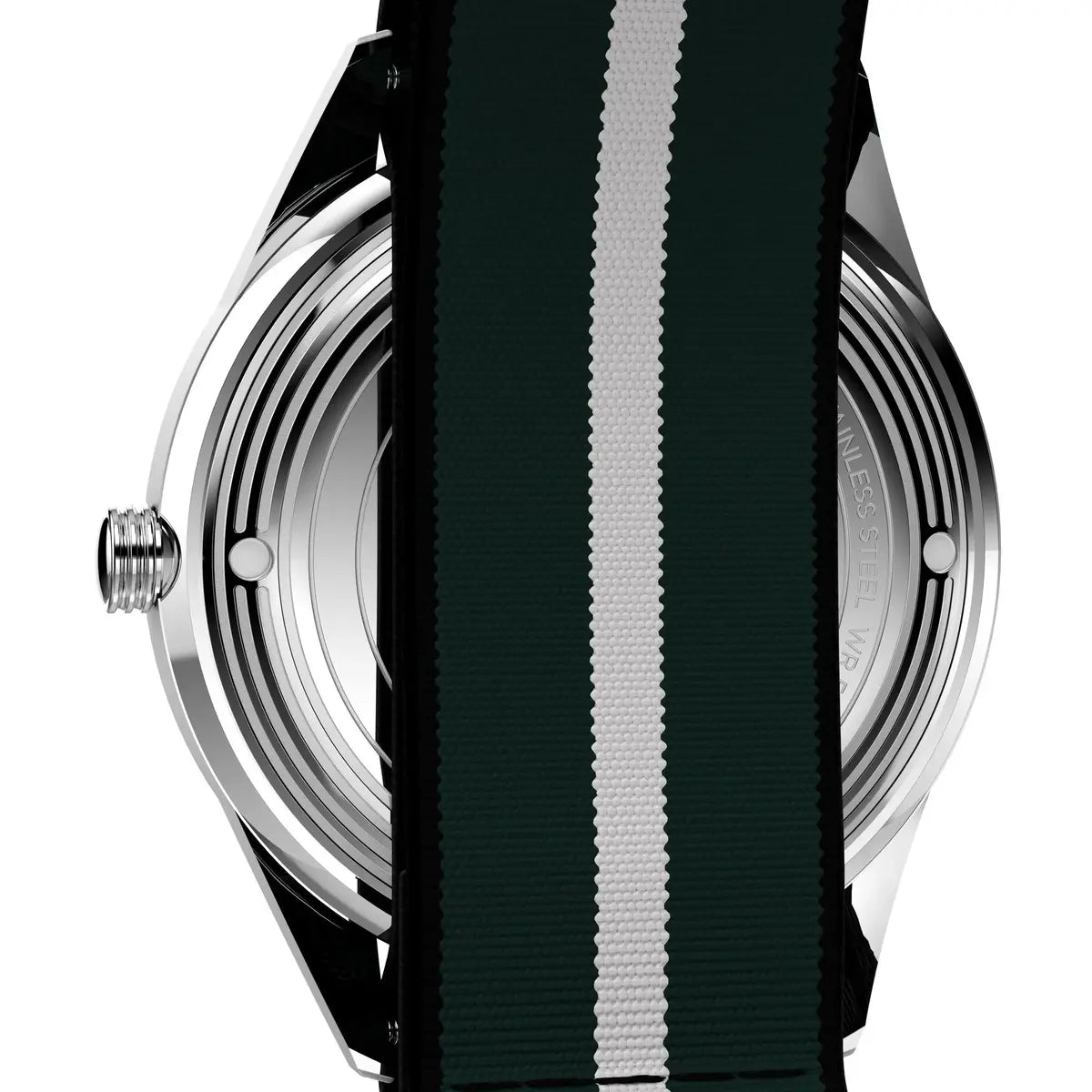 Close-up of a watch with a black strap featuring a white stripe on a white background