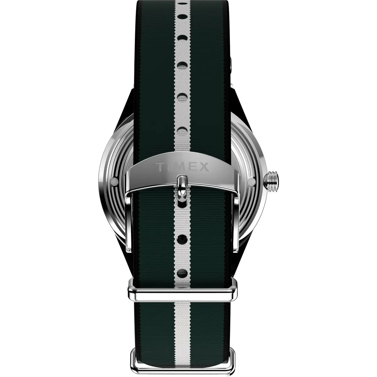 Timex watch with black and green strap on a white background