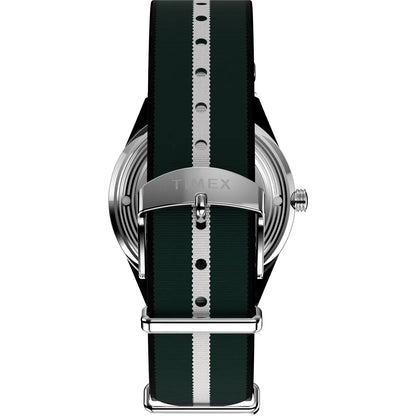 Timex watch with black and green strap on a white background