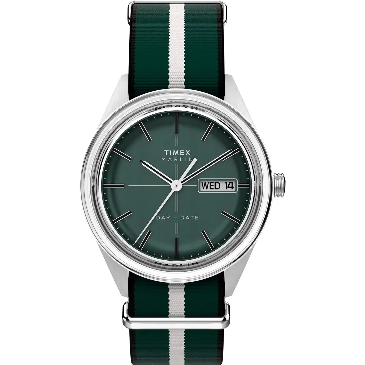 Timex watch with green strap and dark green face on a white background