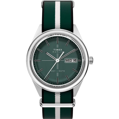 Timex watch with green strap and dark green face on a white background