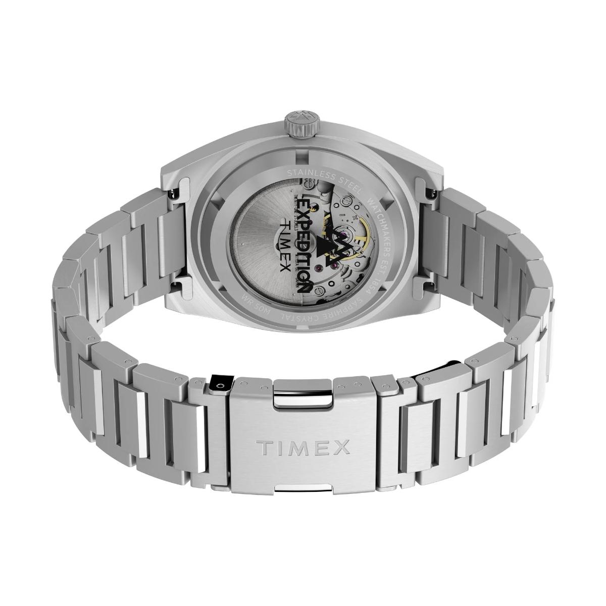 Silver Timex watch with a detailed face on a white background