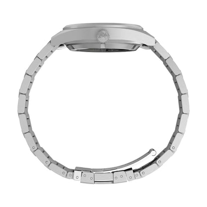 Silver watch band on a white background