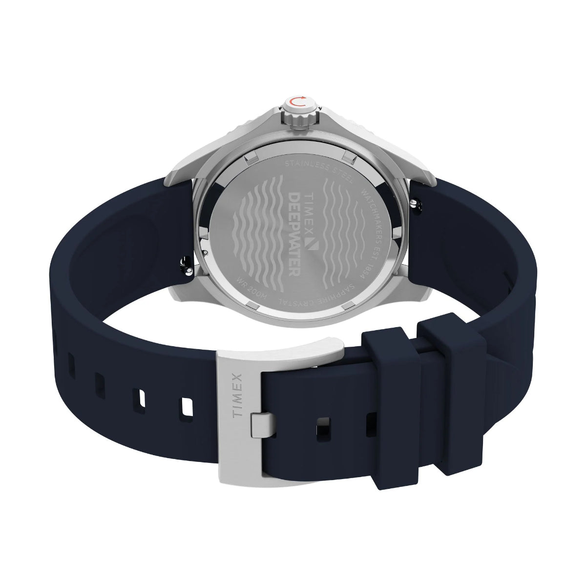 Timex watch with navy blue strap on a white background