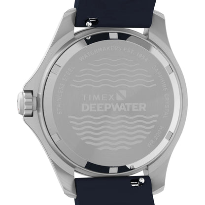 Timex DeepWater watch with blue strap on a white background