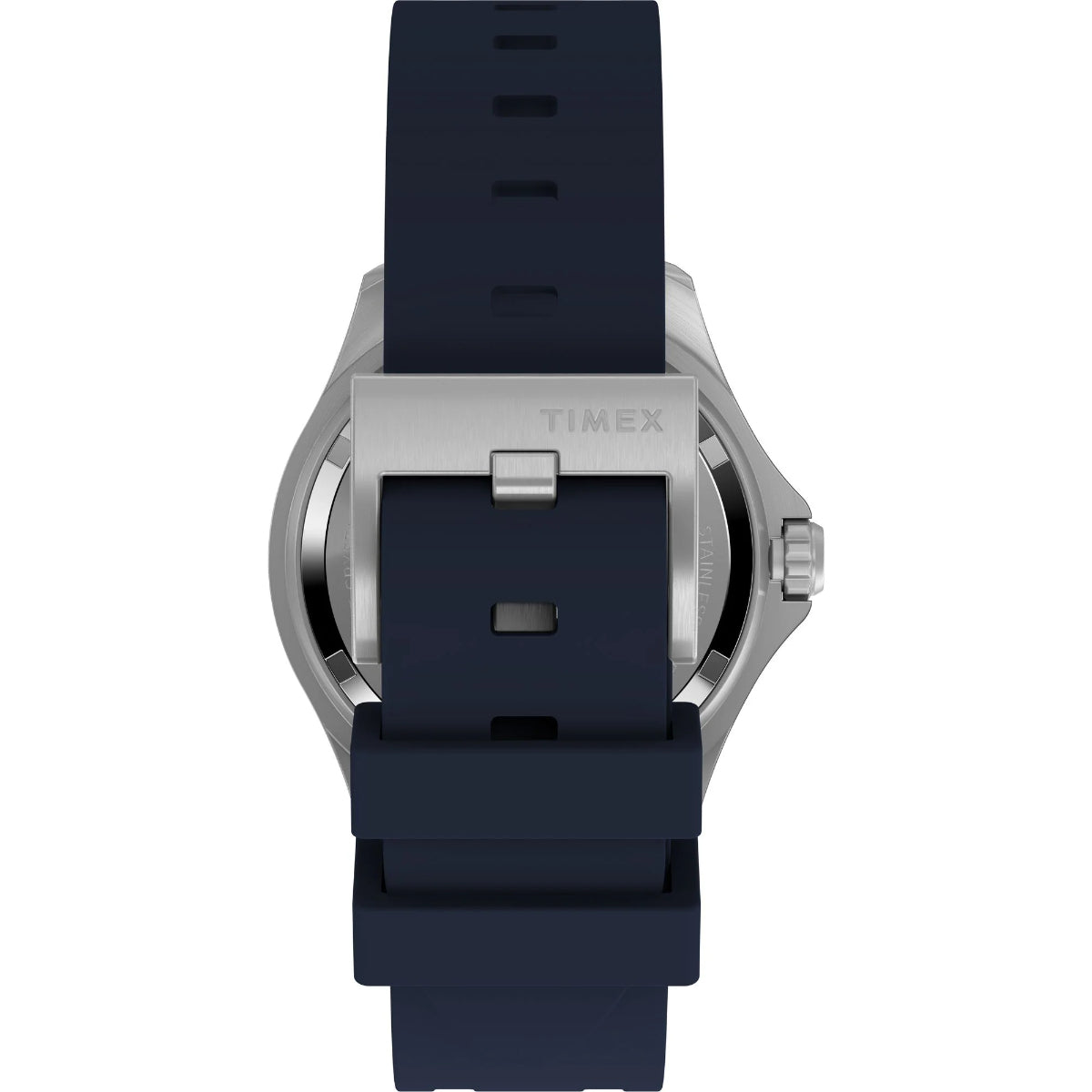 Timex watch with navy blue strap on a white background