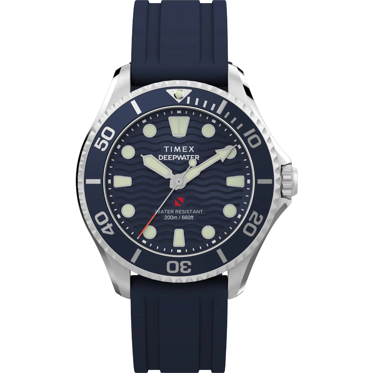 Timex Deepwater watch with blue strap and navy dial on a white background