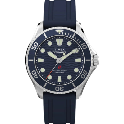 Timex Deepwater watch with blue strap and navy dial on a white background