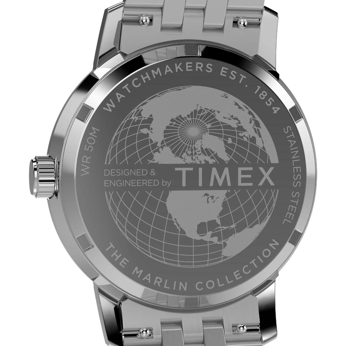 Timex watch with world map engraving on a white background