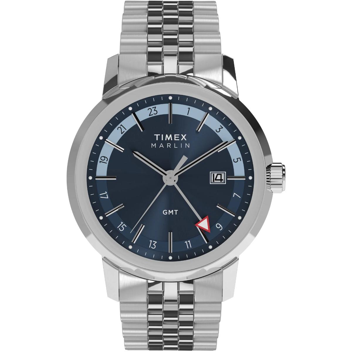 Timex watch with silver bracelet and blue dial on a white background