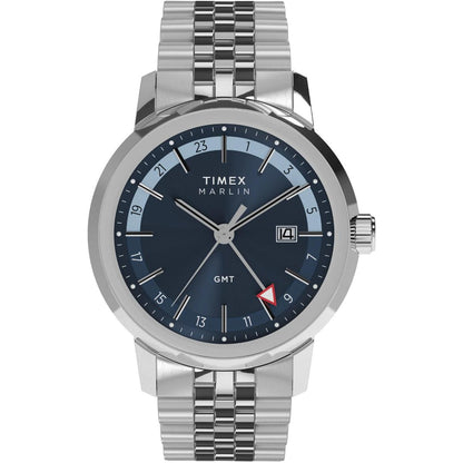 Timex watch with silver bracelet and blue dial on a white background