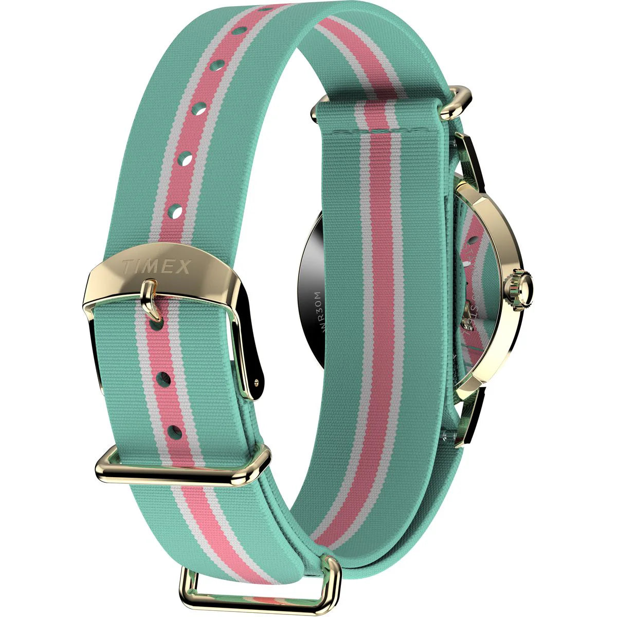 Watch with a green and pink striped band on a white background