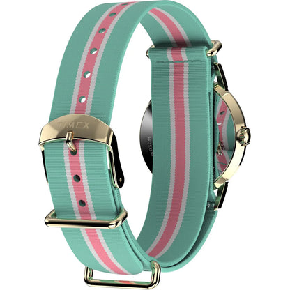 Watch with a green and pink striped band on a white background