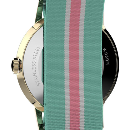Watch with a green and pink striped strap on a white background
