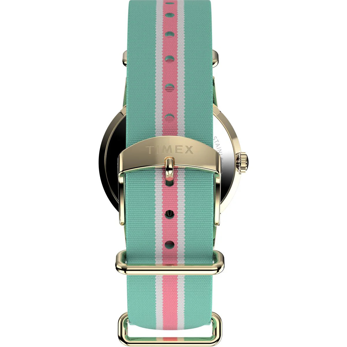 Watch with a green and pink striped strap on a white background
