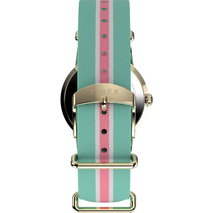 Watch with a green and pink striped strap on a white background