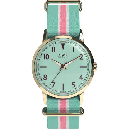 Timex watch with a green strap and gold casing on a white background