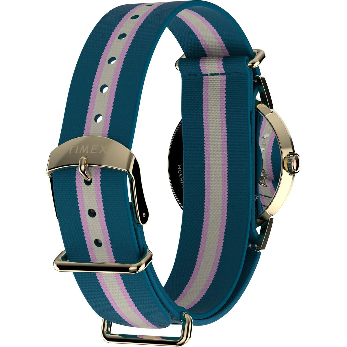 Watch with a blue and pink striped strap on a white background
