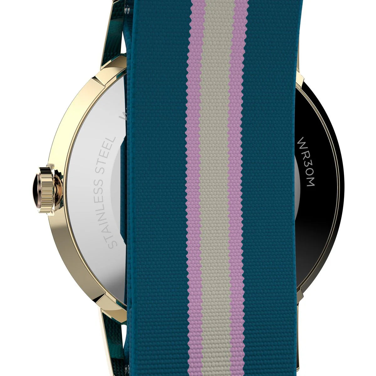 Watch with a blue strap featuring white and pink stripes on a white background