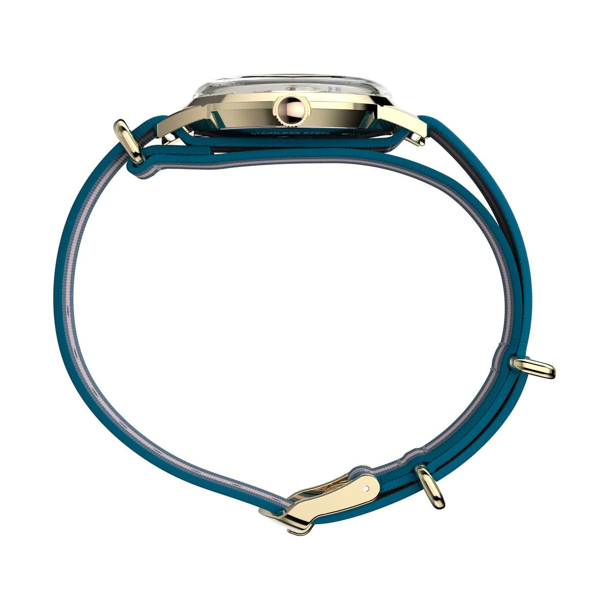 Close-up of a watch with a blue strap and gold accents on a white background